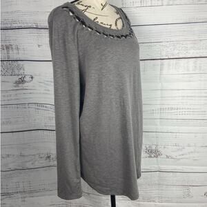 Lane Bryant Tee Shirt Womens 14/16 Gray Faux Leather Ribbon Scoop Neck 3/4 Slvs